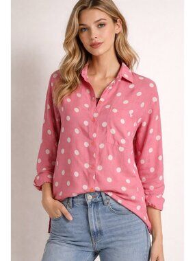 80s 90s Express Pink White Polka Dot Button Front 3/4 Sleeve Shirt Top Retro M